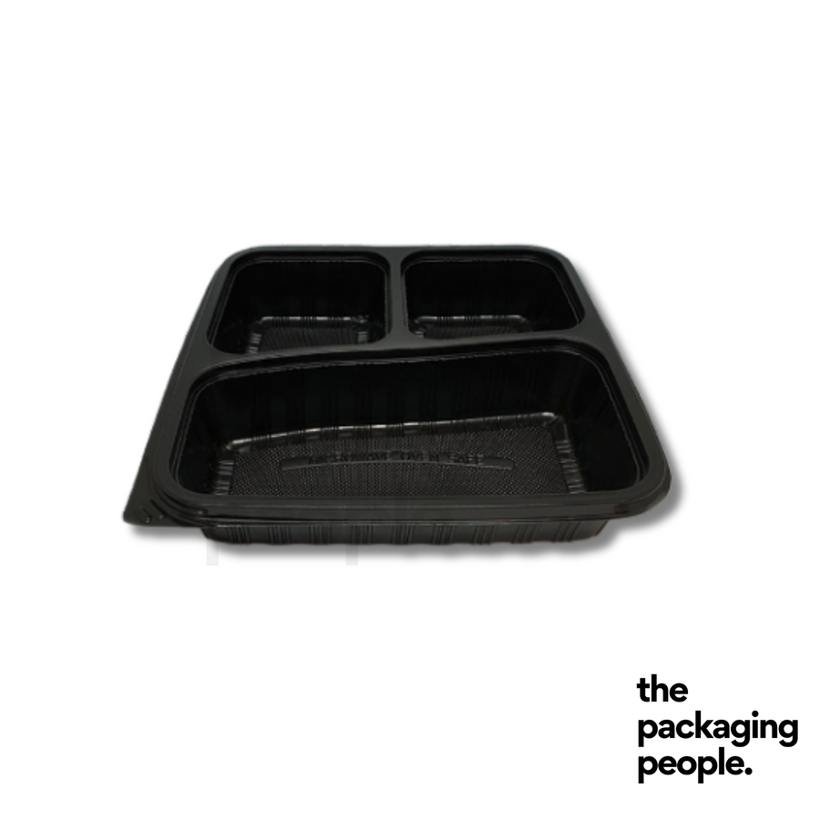 Benxon BTB-3CN 3 Compartment Black Container With Lid (300 Pcs/Ctn) | Disposable Plastic PP Lunch Food Box/Bento