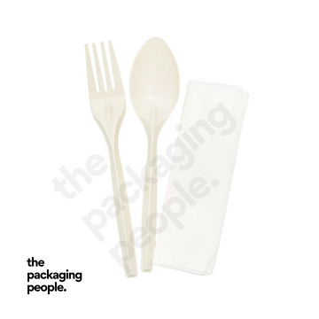 3-IN-1 CORNSTARCH SPOON, FORK, NAPKIN CUTLERY SET | SFN-16-C | 500 PCS/CTN
