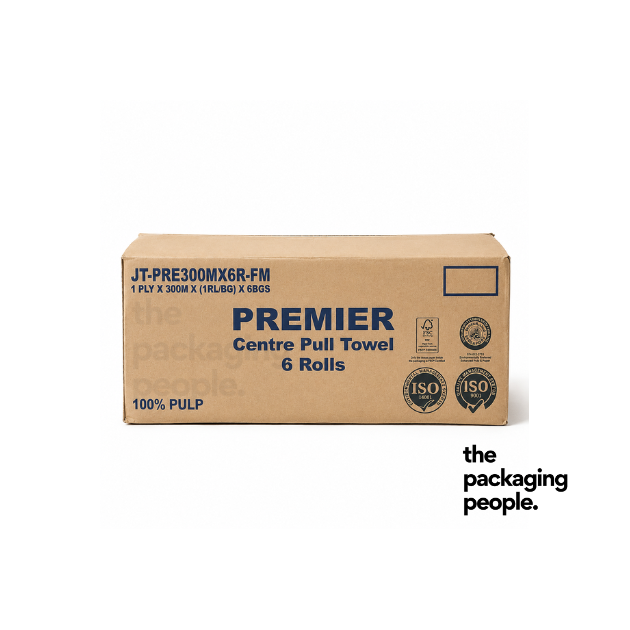PREMIER CENTRE PULL TOWEL | 100% PULP GRADE | 300M (1PLY) (WRAP) x 6ROLLS x CTN